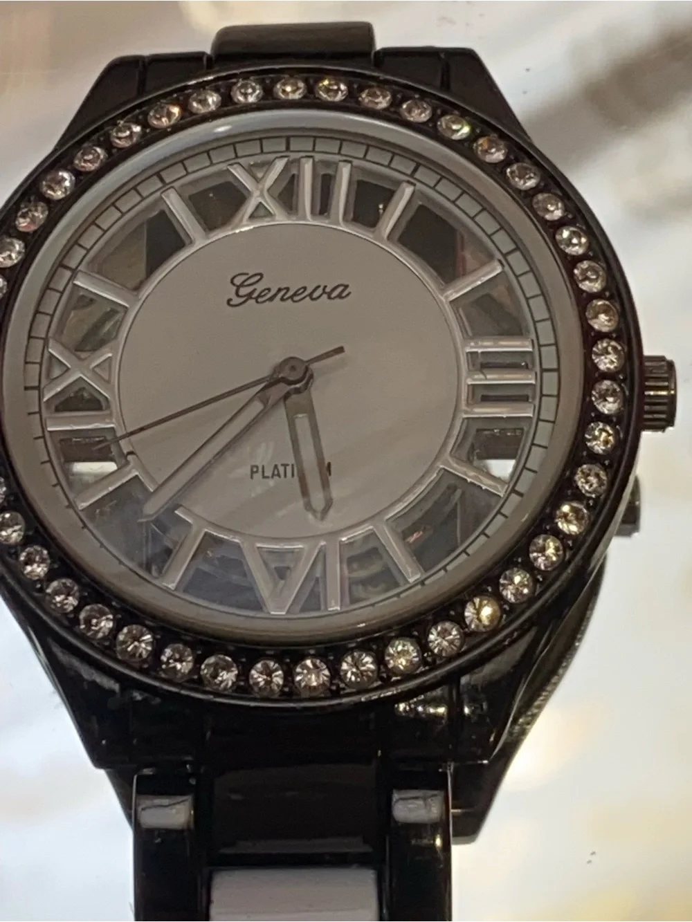 Geneva Black and White Link Bracelet Watch with Crystal Bezel